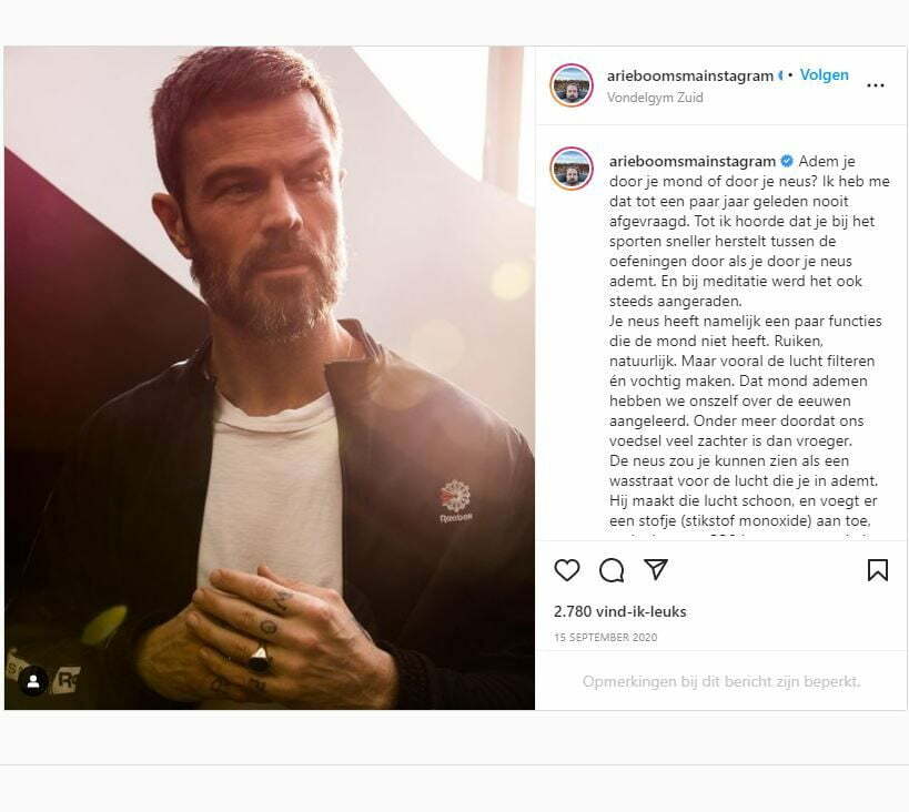 Arie Boomsma vertelt enthousiast over neusademhaling op zijn Instagram account